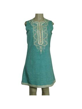 ViTG 60s 70s Embroidered Shift Mad Men Mod Mid Century MCM Aqua Blue Dress S M